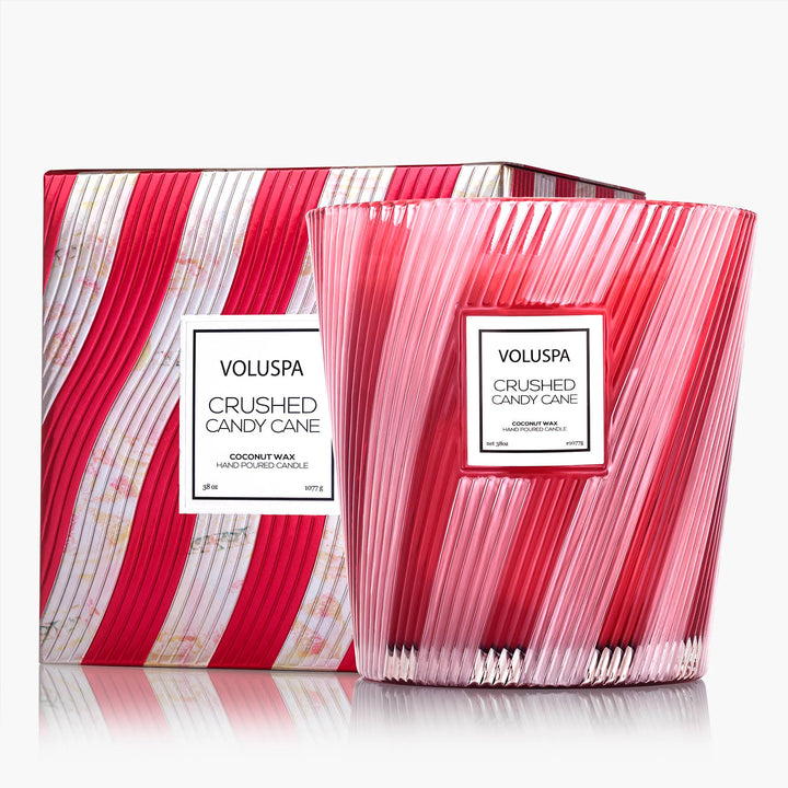 Voluspa Crushed Candy Cane 3 Wick Hearth Candle with festive red and white striped gift box
