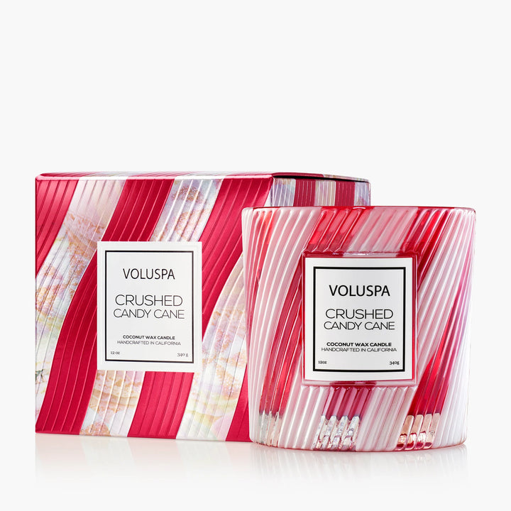Voluspa Crushed Candy Cane Luxe Classic Candle in red striped glass with coordinating holiday gift box