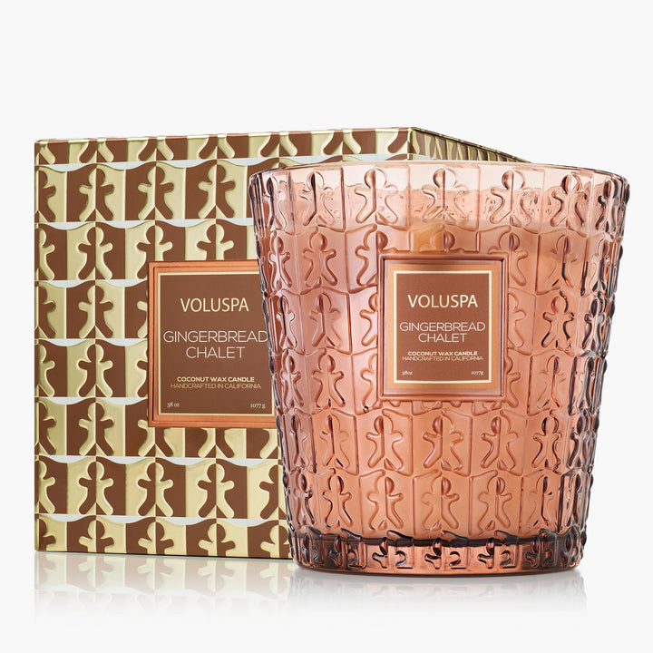 Voluspa Gingerbread Chalet 3 Wick Hearth Candle in embossed glass with coordinating holiday gift box