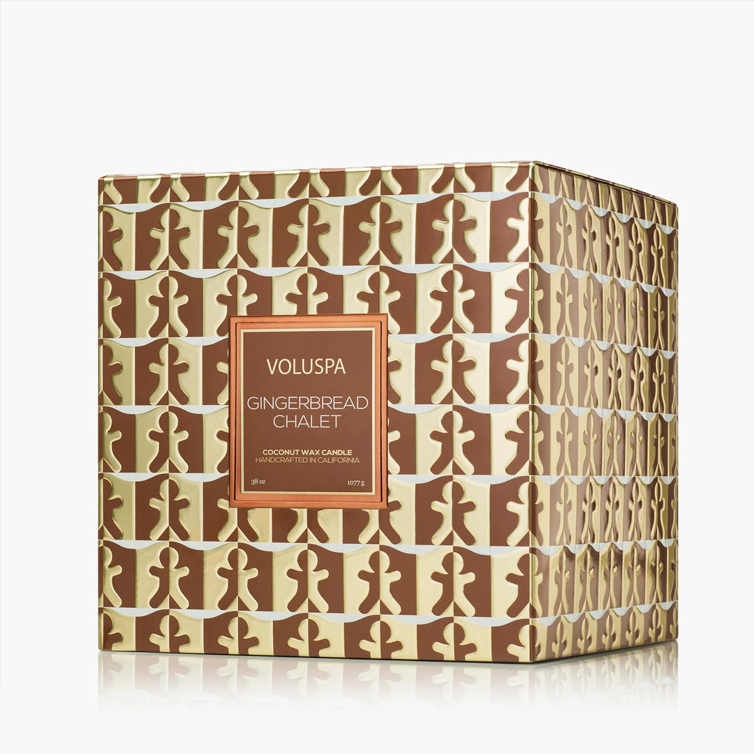 Voluspa Gingerbread Chalet 3 Wick Hearth Candle decorative gold and brown gingerbread gift box
