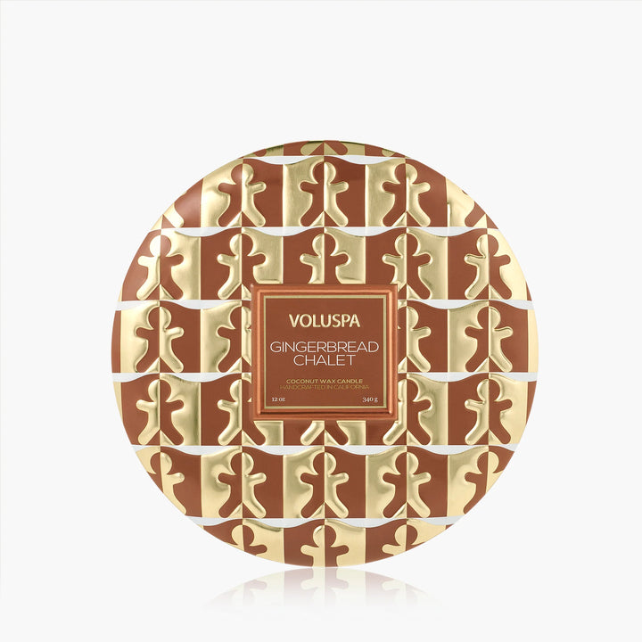 Voluspa Gingerbread Chalet 3 Wick Tin Candle in decorative brown and gold gingerbread-patterned tin