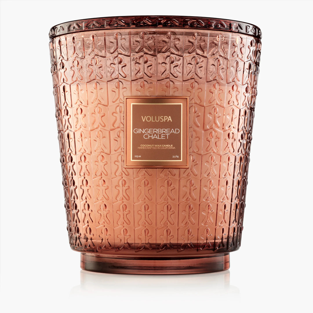 Voluspa Gingerbread Chalet 5 Wick Hearth Candle in oversized embossed gingerbread glass vessel