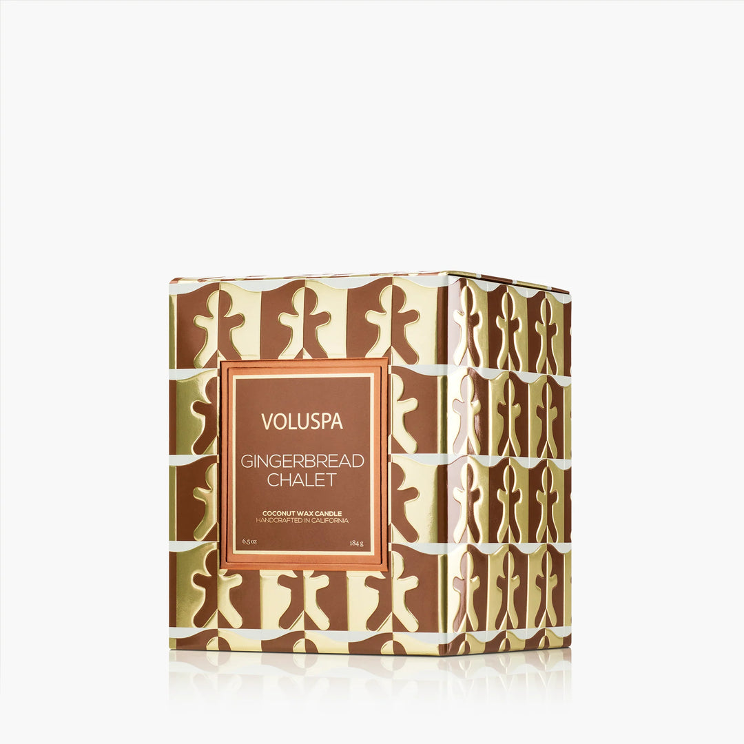 Voluspa Gingerbread Chalet Classic Candle decorative brown and gold gingerbread holiday packaging