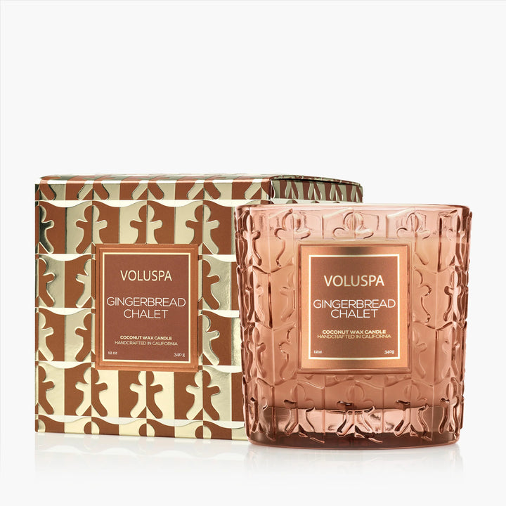 Voluspa Gingerbread Chalet Luxe Classic Candle in embossed glass vessel with coordinating holiday gift box