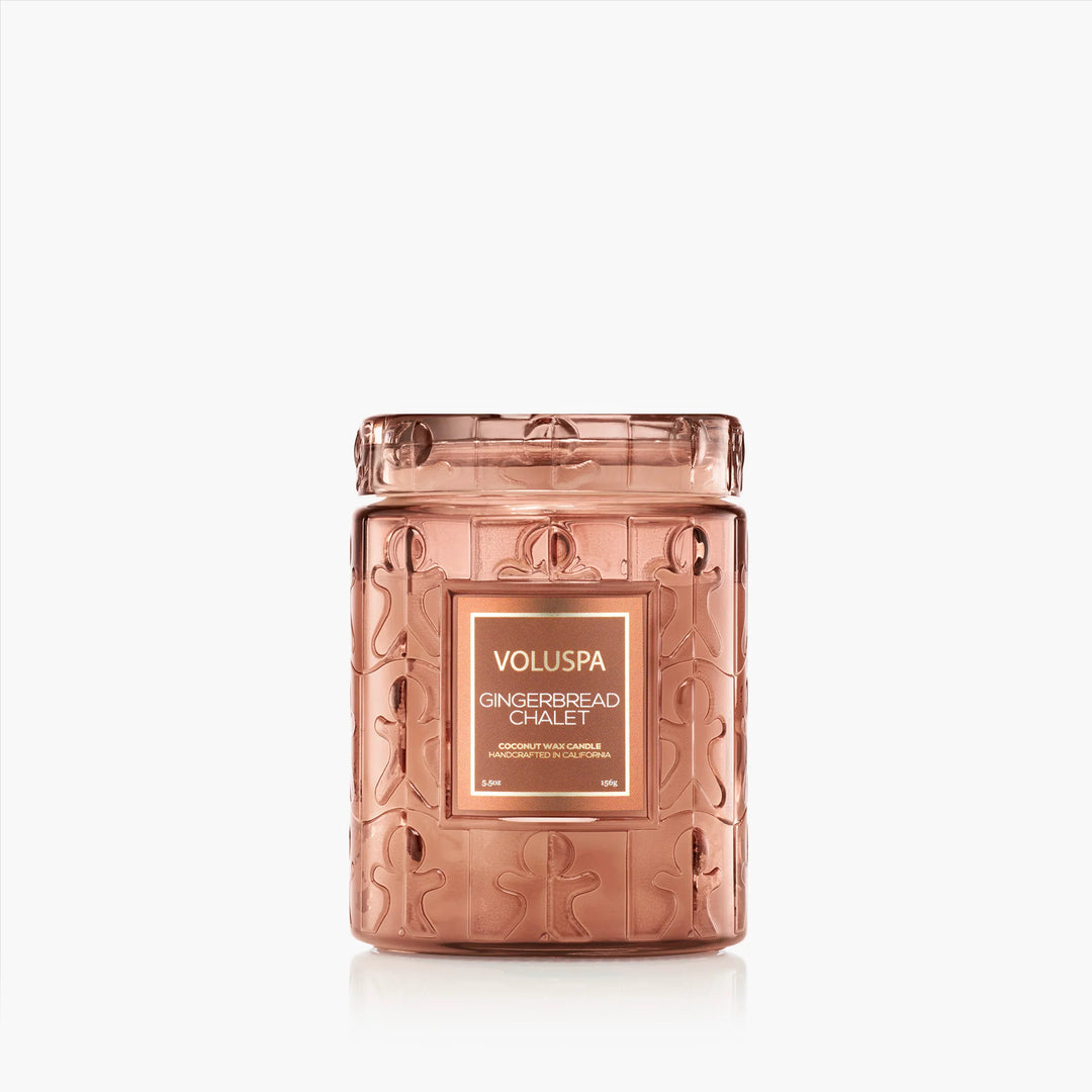Voluspa Gingerbread Chalet Small Jar Candle in embossed gingerbread glass jar with matching lid