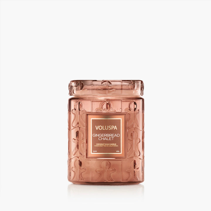 Voluspa Gingerbread Chalet Small Jar Candle in embossed gingerbread glass jar with matching lid