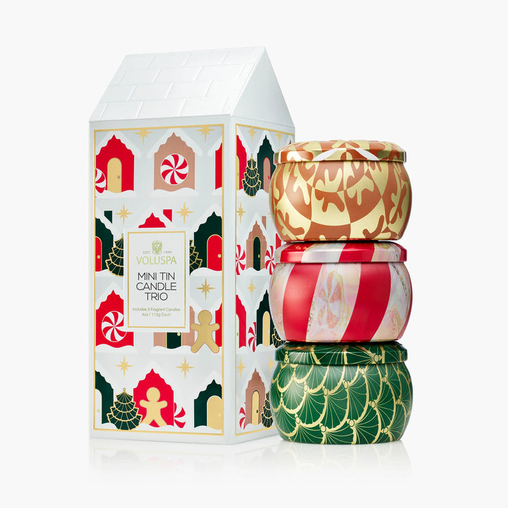 Voluspa Holiday Mini Tin Candle Trio gift set with three festive scented candles in decorative holiday tins