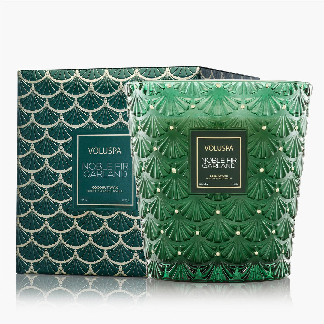 Voluspa Noble Fir Garland 3 Wick Hearth Candle in embossed emerald green glass with coordinating holiday gift box