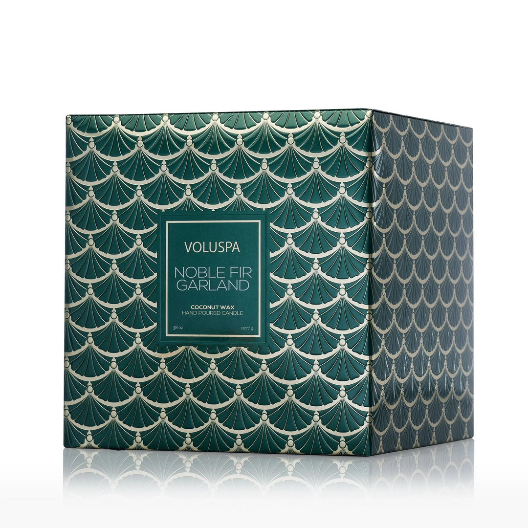 Voluspa Noble Fir Garland 3 Wick Hearth Candle decorative green and gold gift box