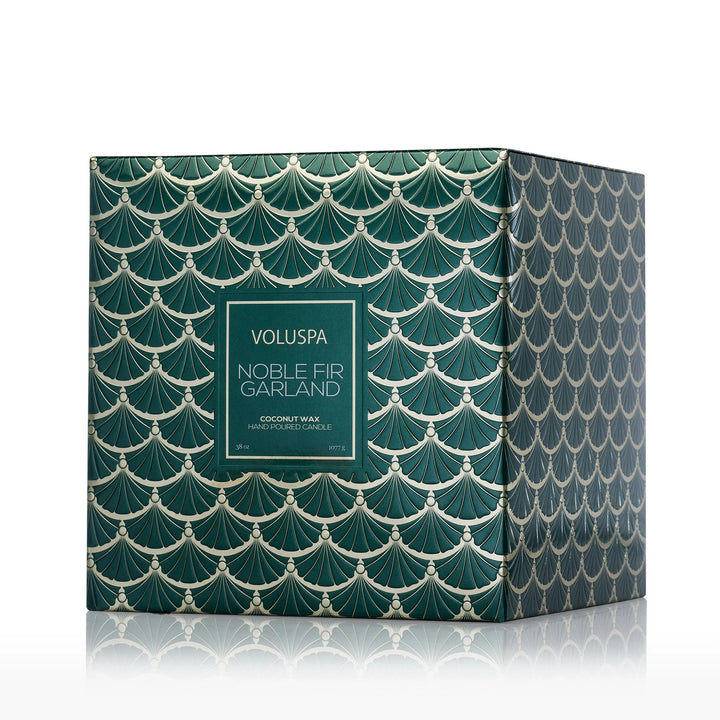 Voluspa Noble Fir Garland 3 Wick Hearth Candle decorative green and gold gift box