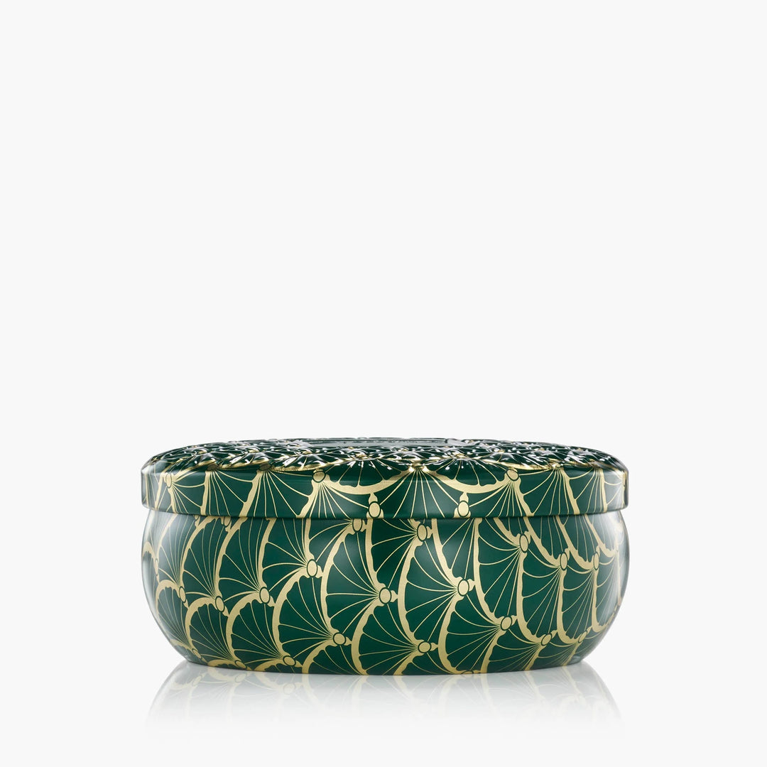 Voluspa Noble Fir Garland 3 Wick Tin Candle in decorative emerald green and gold patterned tin with lid