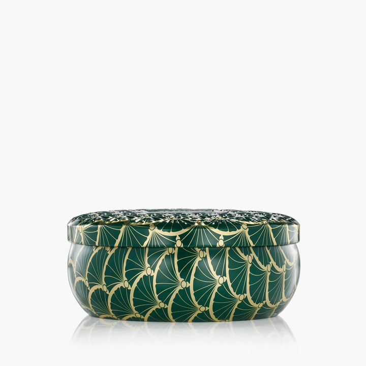Voluspa Noble Fir Garland 3 Wick Tin Candle in decorative emerald green and gold patterned tin with lid