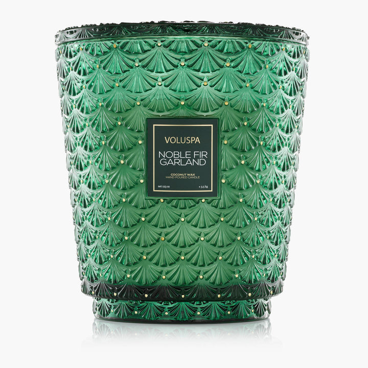 Voluspa Noble Fir Garland 5-Wick Hearth Candle in oversized embossed emerald green glass with decorative lid
