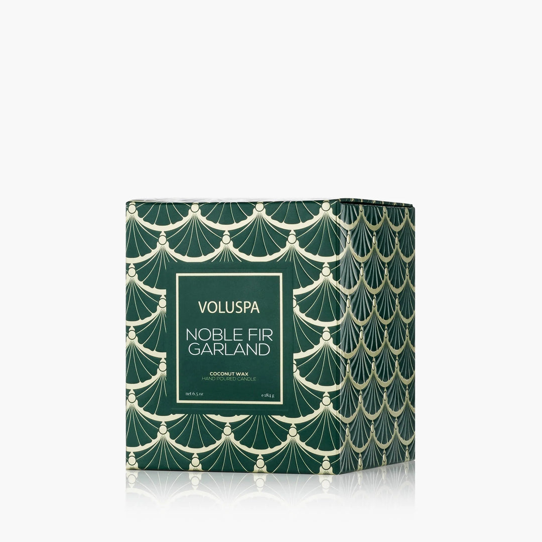 Voluspa Noble Fir Garland Classic Candle gift box in emerald green with elegant gold garland pattern