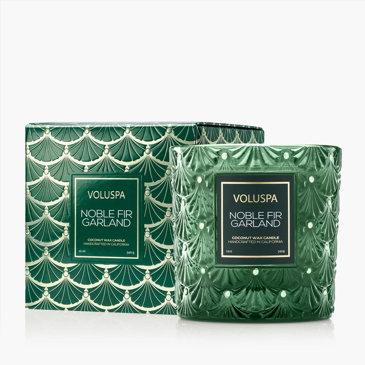 Voluspa Noble Fir Garland Luxe Classic Candle in embossed emerald green glass with coordinating holiday gift box