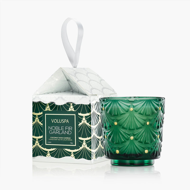 Voluspa Noble Fir Garland Ornament Pedestal Candle in green embossed glass with festive ornament gift box