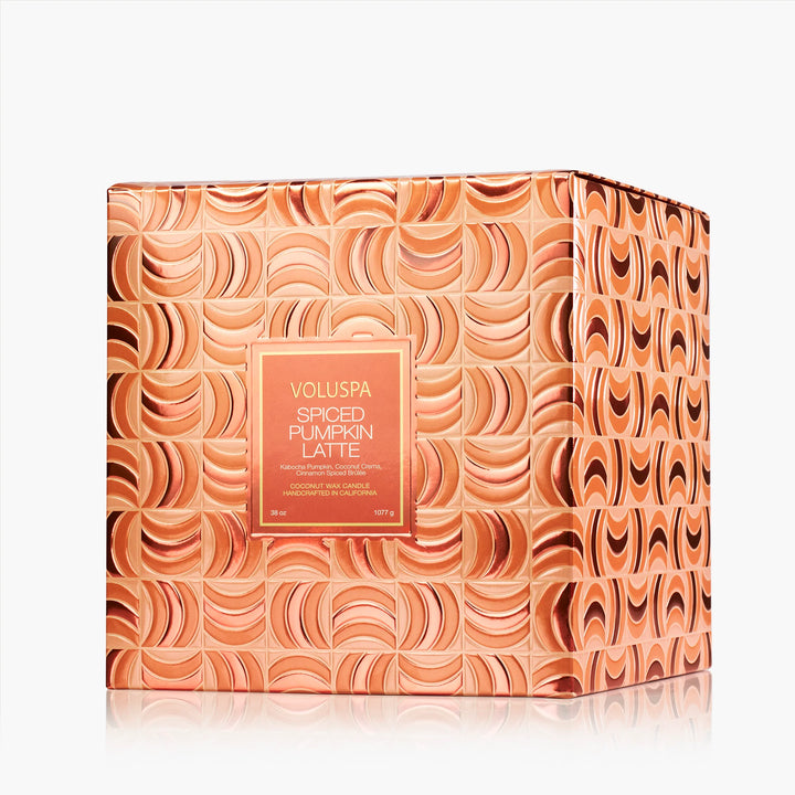 Voluspa Spiced Pumpkin Latte 3 Wick Hearth Candle decorative orange gift box