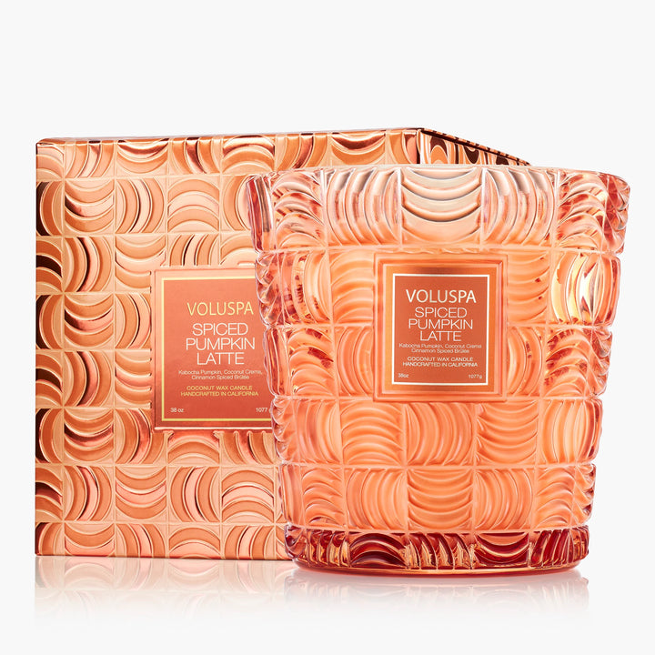 Voluspa Spiced Pumpkin Latte 3 Wick Hearth Candle in embossed orange glass with coordinating box