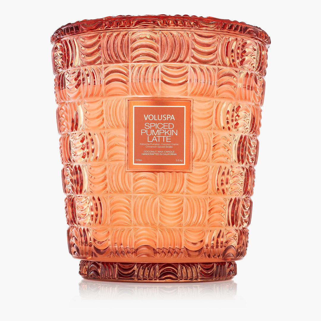 Voluspa Spiced Pumpkin Latte 5 Wick Hearth Candle in embossed peach glass with matching decorative lid