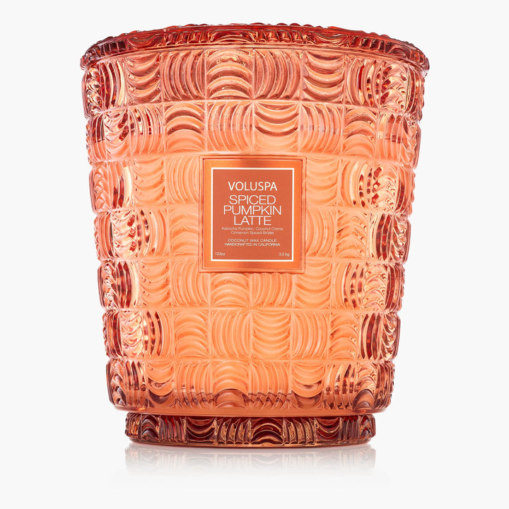 Voluspa Spiced Pumpkin Latte 5 Wick Hearth Candle in embossed peach glass with matching decorative lid