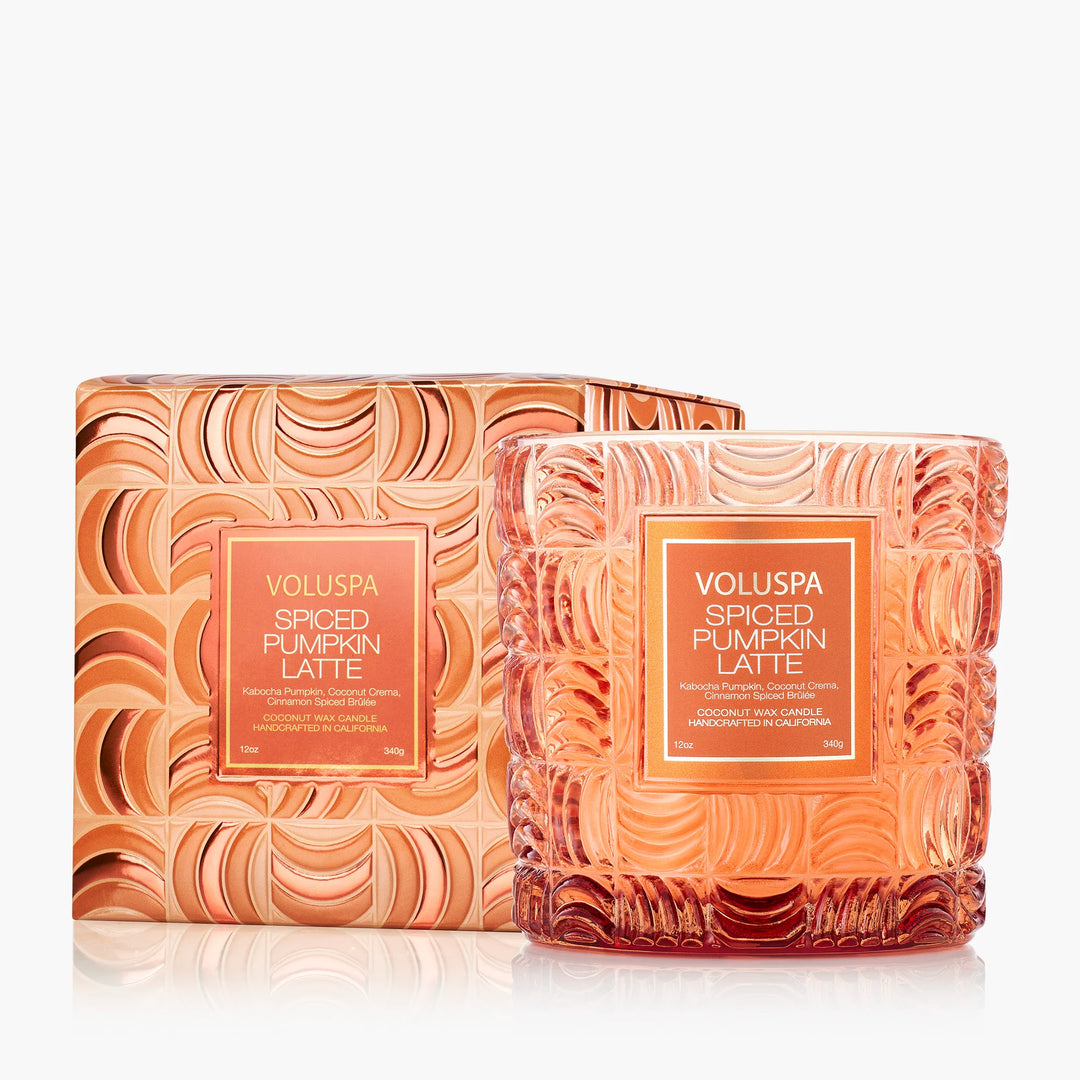 Voluspa Spiced Pumpkin Latte Luxe Classic Candle in embossed orange glass with decorative box
