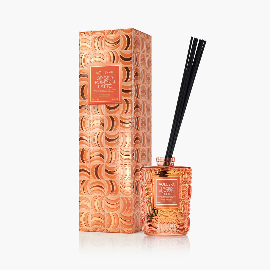 Voluspa Spiced Pumpkin Latte Reed Diffuser with black reeds and decorative orange gift box