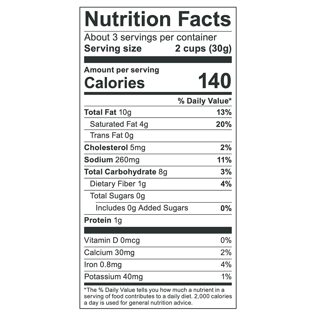 Nutrition facts for Poppy White Cheddar Hand-Crafted Popcorn