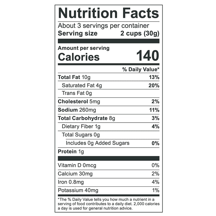 Nutrition facts for Poppy White Cheddar Hand-Crafted Popcorn