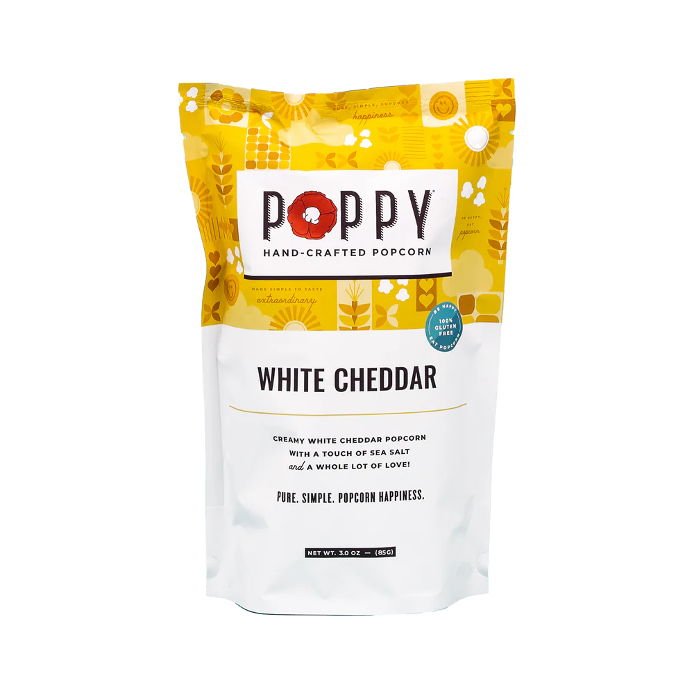 Poppy White Cheddar Hand-Crafted Popcorn 3 ounce bag