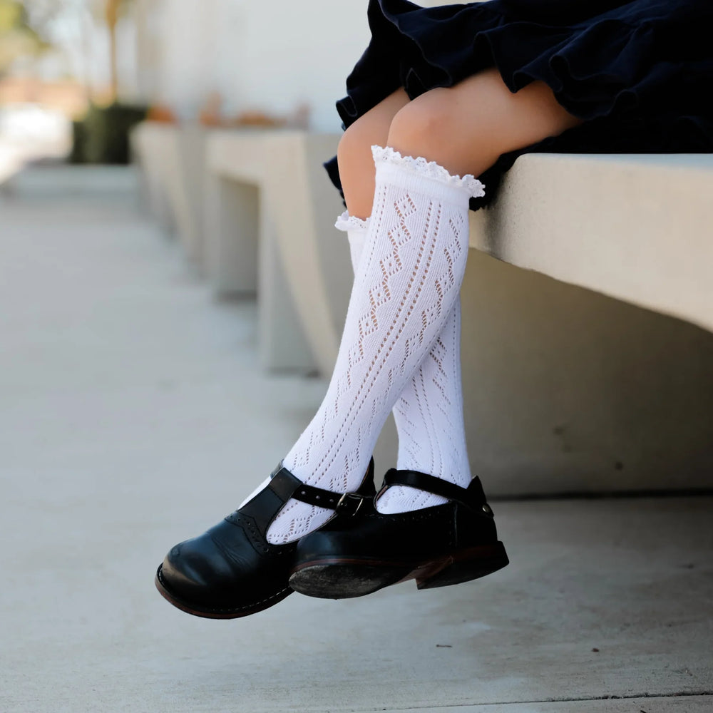 White Fancy Lace Top Knee High Socks