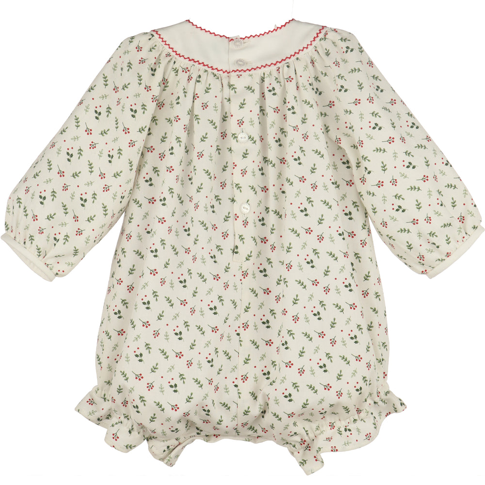Back view of White Mistletoe Bubble for baby girls featuring festive mistletoe print, red trim, and button-back closure