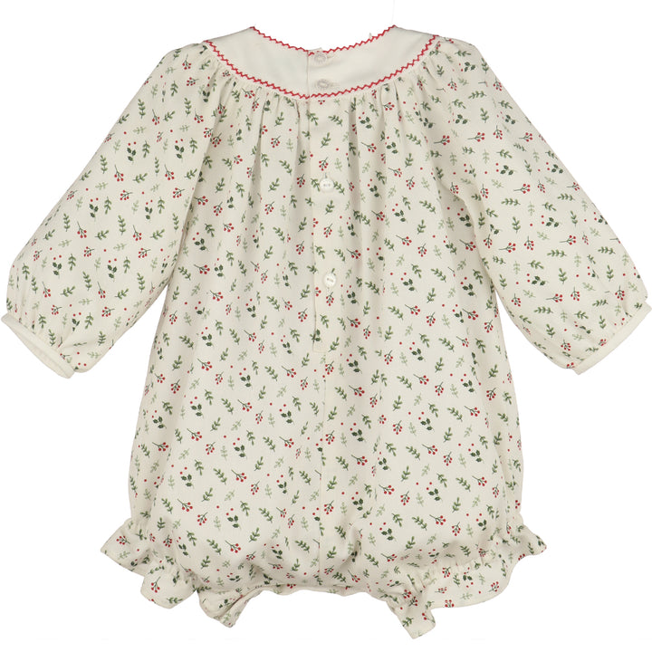 Back view of White Mistletoe Bubble for baby girls featuring festive mistletoe print, red trim, and button-back closure