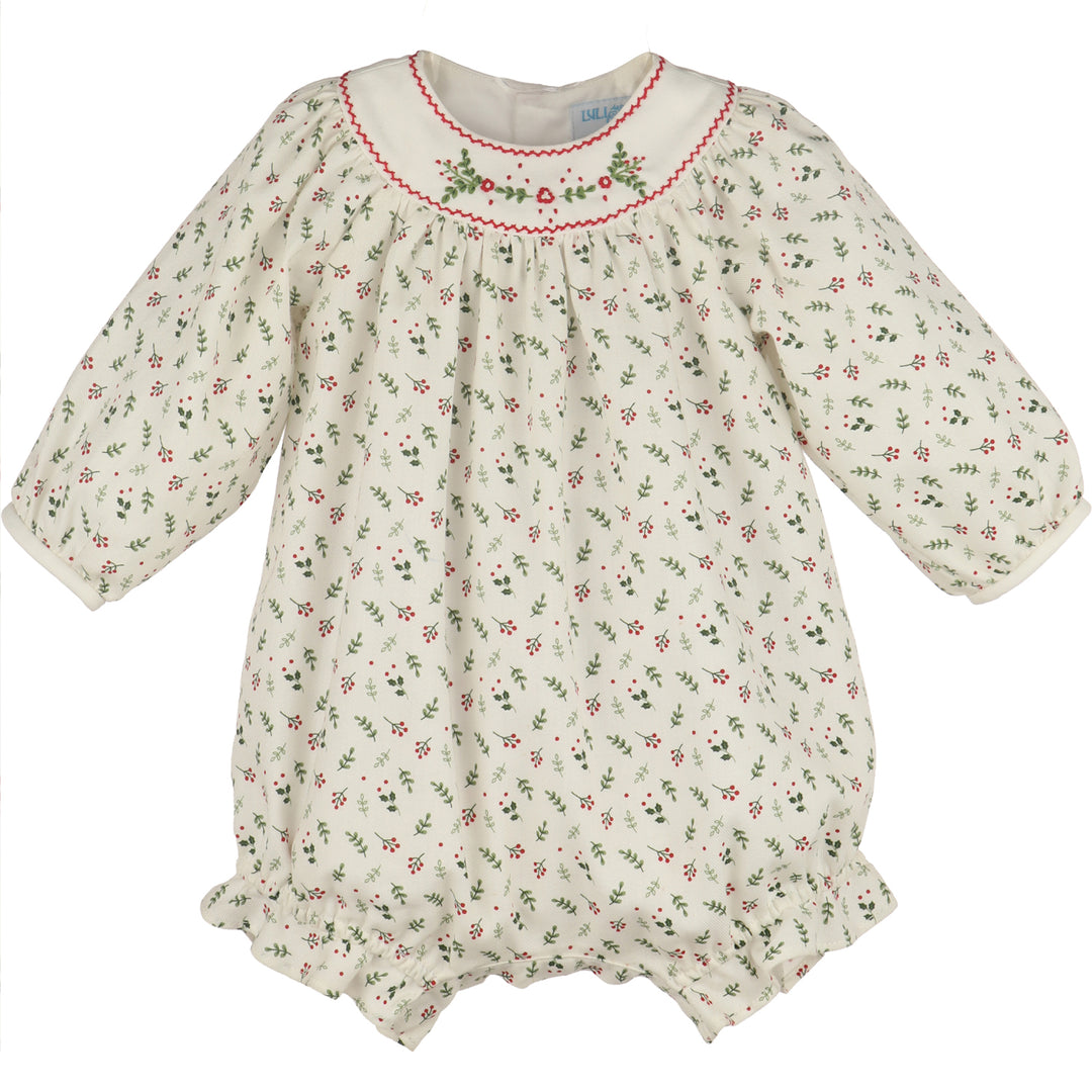 White Mistletoe Bubble for baby girls with red and green holiday print, embroidered yoke, long sleeves, and ruffle leg openings