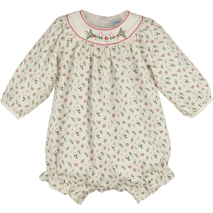 White Mistletoe Bubble for baby girls with red and green holiday print, embroidered yoke, long sleeves, and ruffle leg openings