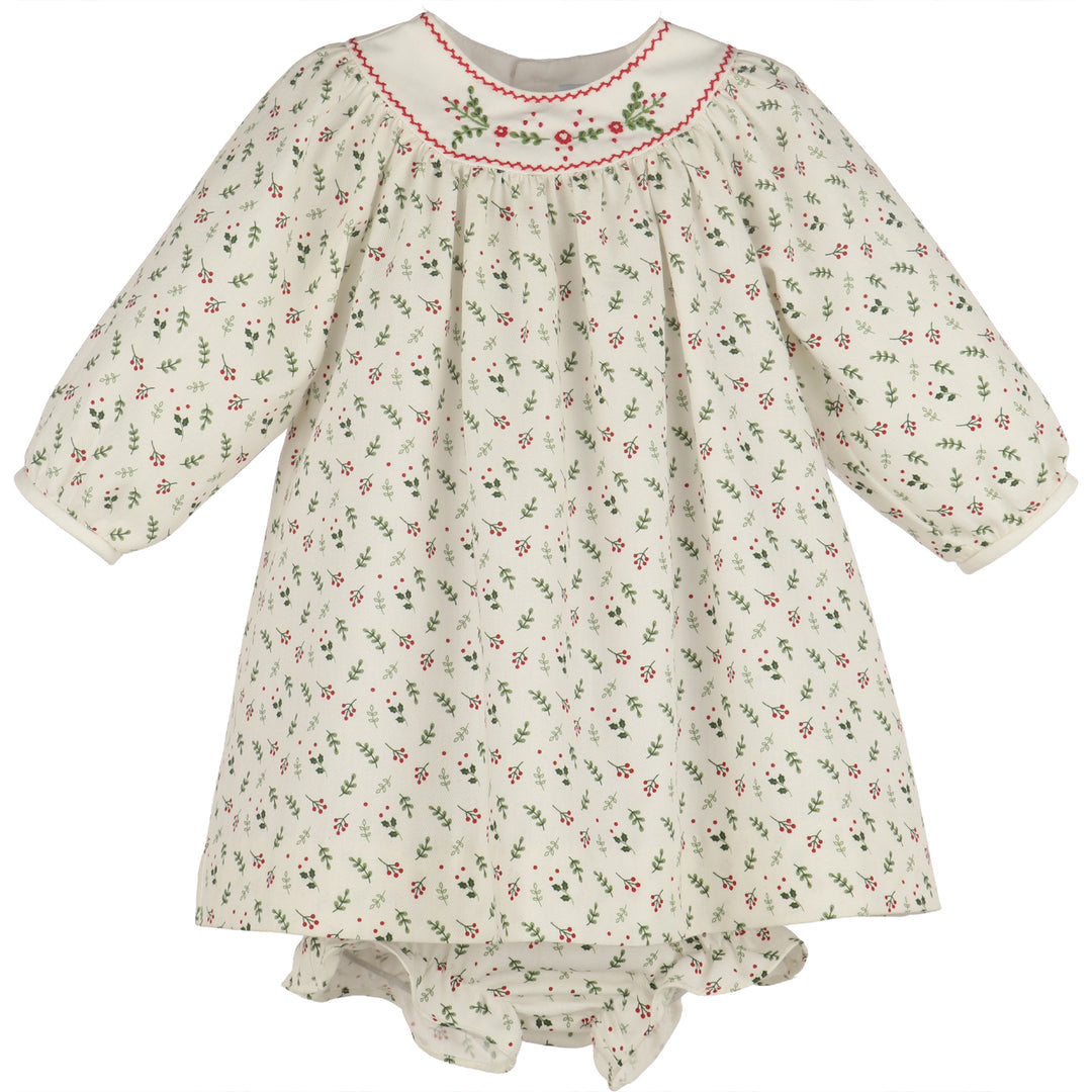 White Mistletoe Dress Set for baby girls featuring a festive red and green botanical print, embroidered yoke, and matching bloomers