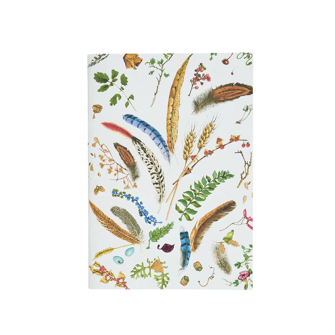 Woodland nature journal featuring colorful feathers, ferns, berries, wheat and botanical illustrations on a white cover.