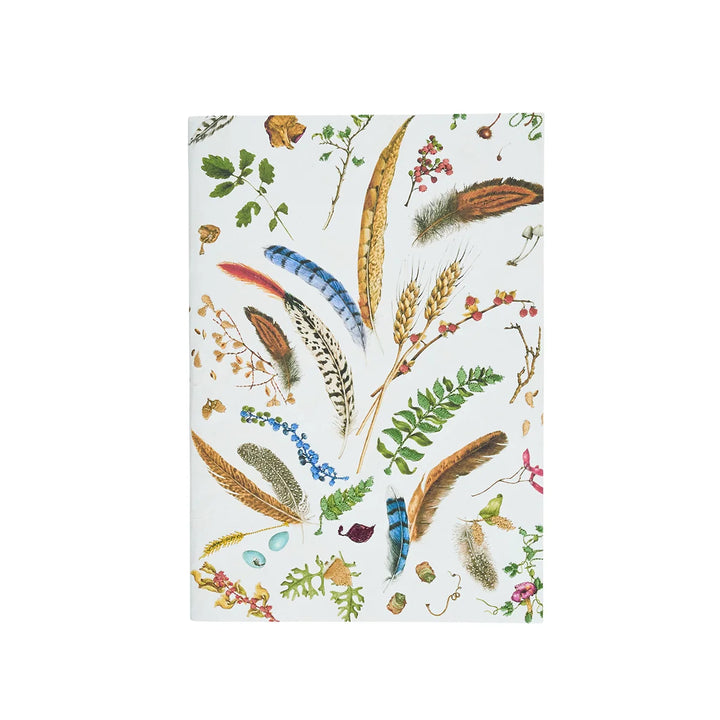 Woodland nature journal featuring colorful feathers, ferns, berries, wheat and botanical illustrations on a white cover.