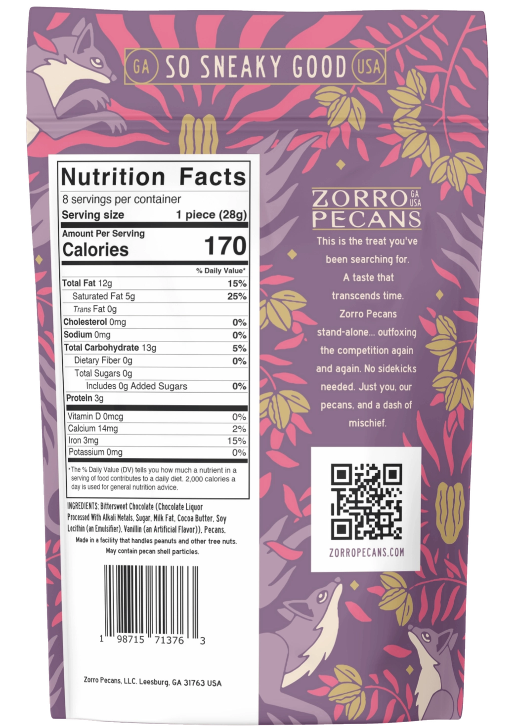 Back of Zorro Dark Chocolate Pecan Bark packaging showing nutrition facts, ingredients, and allergen information.