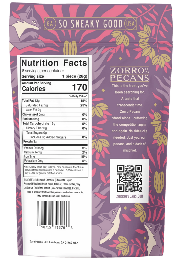 Back of Zorro Dark Chocolate Pecan Bark packaging showing nutrition facts, ingredients, and allergen information.