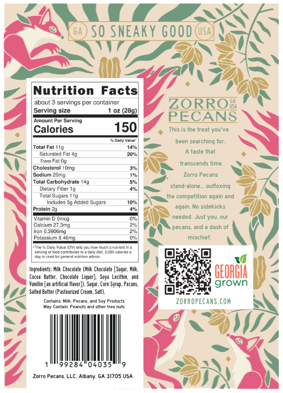 Zorro Milk Chocolate Pecan Toffee packaging showing nutrition facts, ingredients, and allergen information.