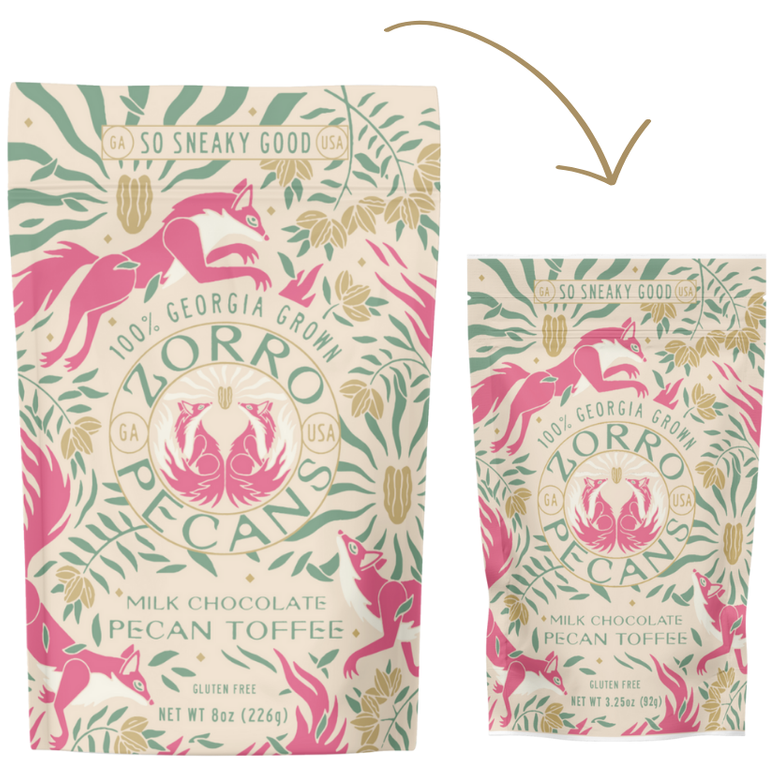 Zorro Milk Chocolate Pecan Toffee packaging shown in 8 oz and 3.25 oz sizes with signature pink squirrel artwork.