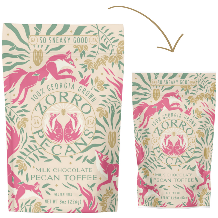 Zorro Milk Chocolate Pecan Toffee packaging shown in 8 oz and 3.25 oz sizes with signature pink squirrel artwork.