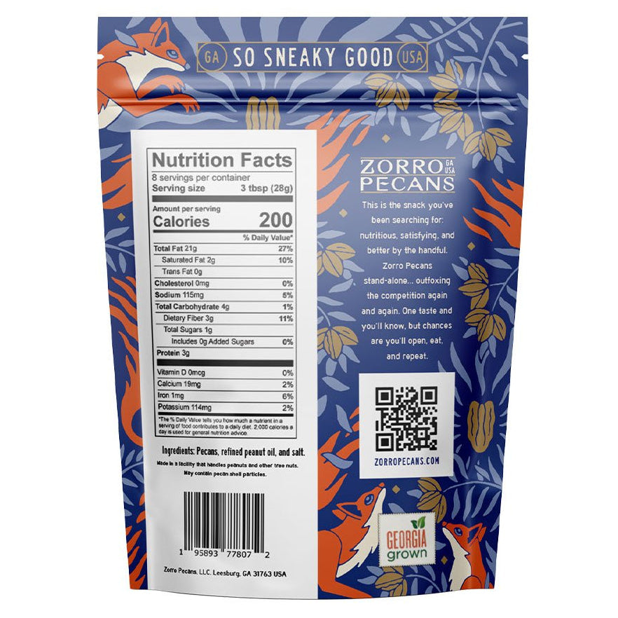 Back of Zorro Pecans Roasted &amp; Lightly Salted premium Georgia pecans 8 oz resealable stand-up pouch with nutrition facts and ingredients.