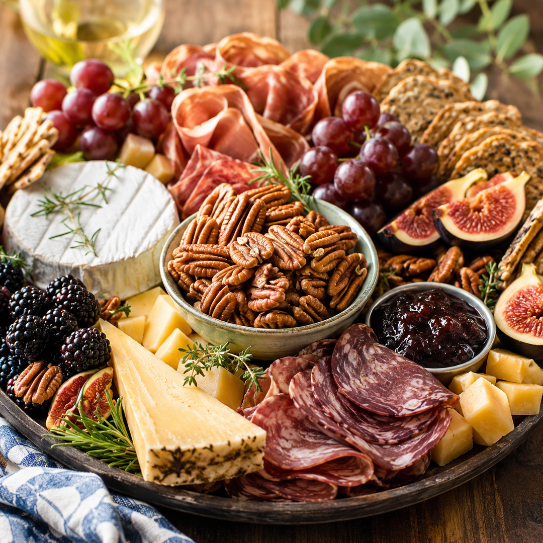 Zorro Pecans Roasted &amp; Lightly Salted premium Georgia pecans served on a gourmet charcuterie board with artisan cheeses, cured meats, fresh fruit, crackers, and fig jam.