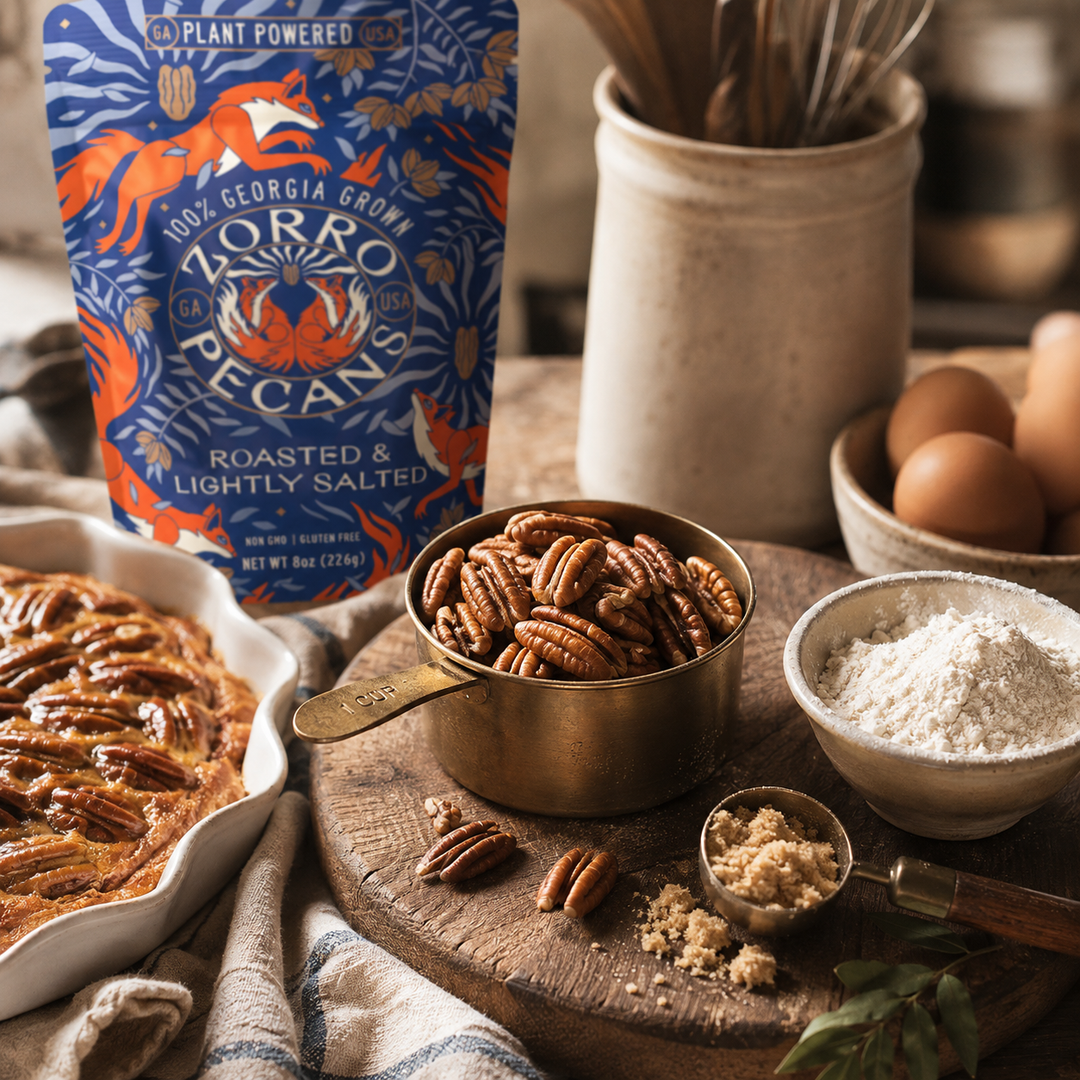 Zorro Pecans Roasted &amp; Lightly Salted premium Georgia pecans with baking ingredients and pecan pie for homemade dessert recipes.