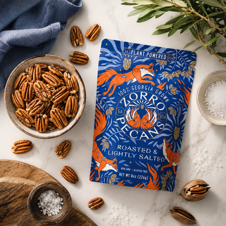 Zorro Pecans Roasted &amp; Lightly Salted premium Georgia pecans with roasted pecans, sea salt, and gourmet ingredients in a luxury flat lay.
