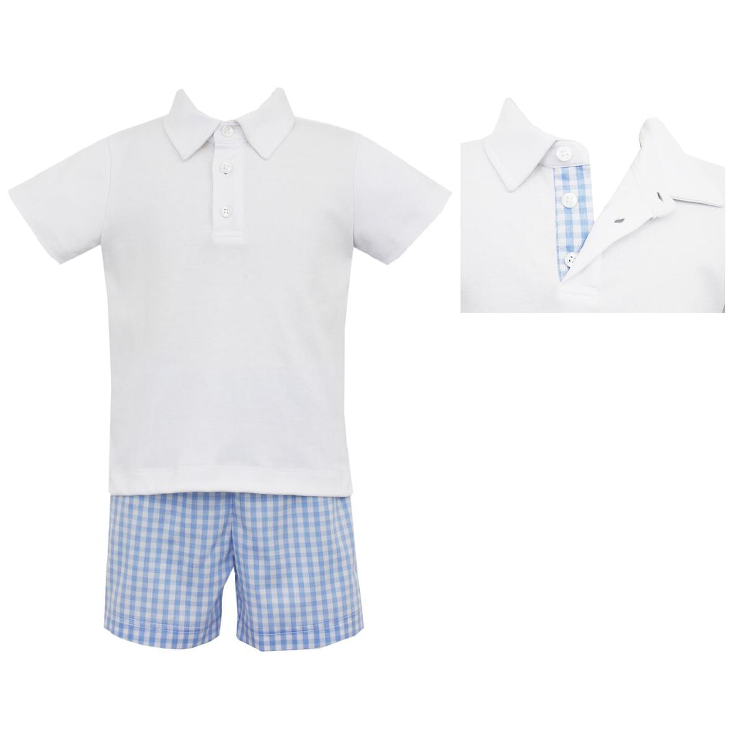 Blue Gingham Boy's Short Set w/ White Knit Polo