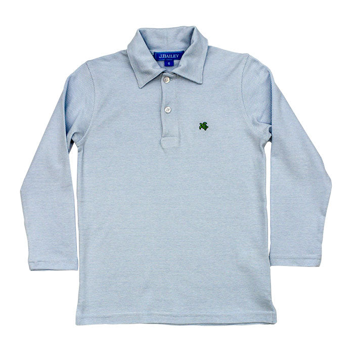 Light Blue &amp; White Micro Stripe Long Sleeve Polo