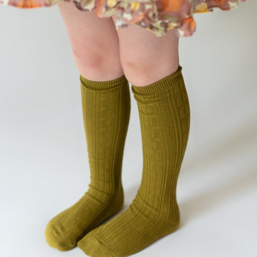 Bright Olive Cable Knit Knee High Socks