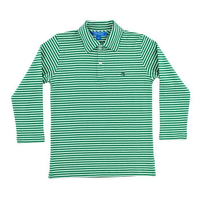 Green &amp; White Medium Stripe Long Sleeve Polo